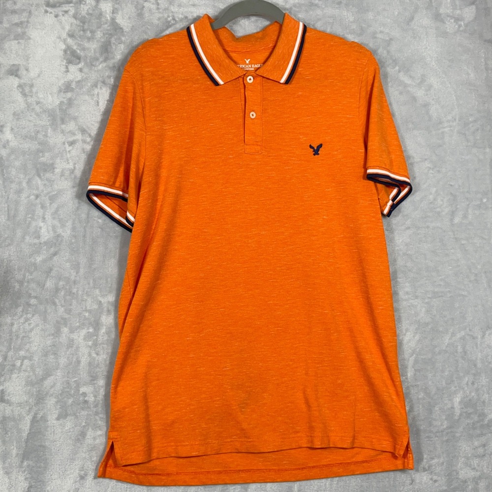 American Eagle Mens Polo L Orange Flex Classic Fit Short Sleeve Logo Preppy‎